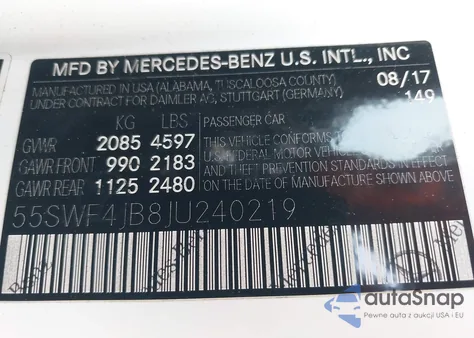 2018 Mercedes-Benz C 300 из США, поврежденный, VIN 55SWF4JB8JU240219